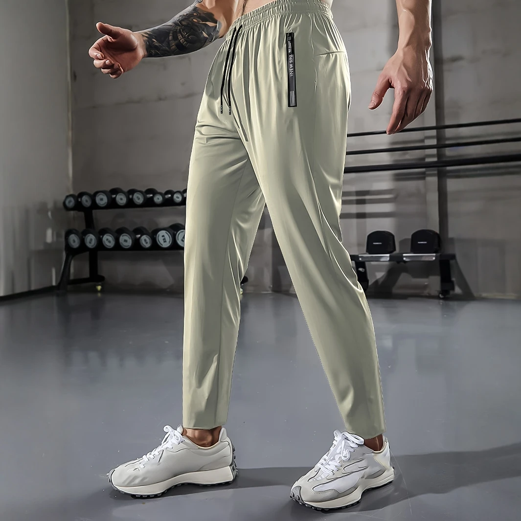 [Home Relaxation] Men's Casual Sports Pants, High Stretch Woven Fabric, Solid Color, Regular Fit with Drawstring Waist and Zippe