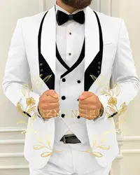 Terno de casamento clássico para homens, smoking branco, lapela xale, conjunto de ternos de casamento, blazer comercial, jaqueta, calça, colete, moda, 3 peças, 2023