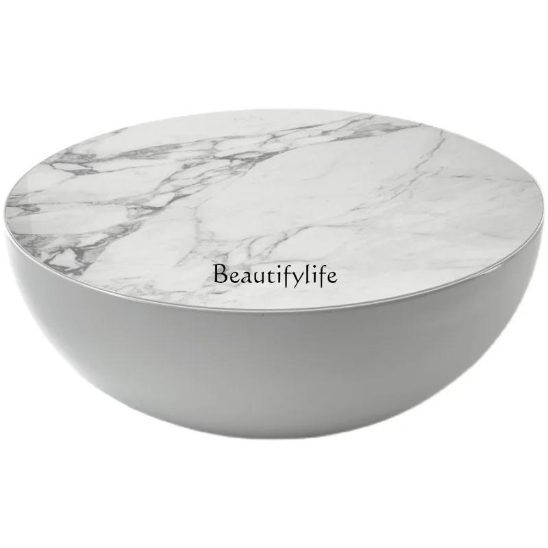 04Cream wind rock slab round coffee table living room small apartment modern light luxury style