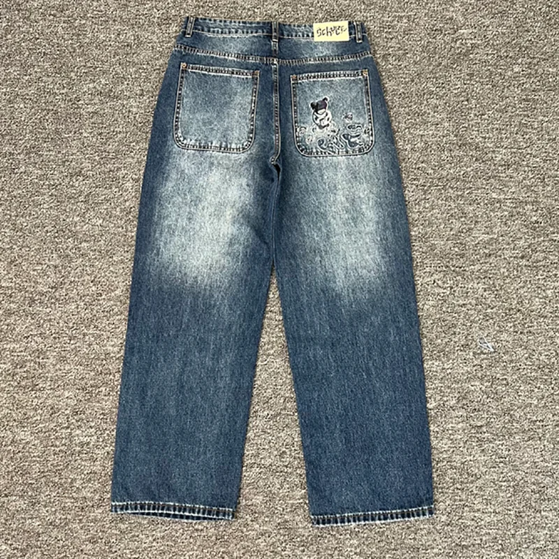 

Трендовые брендовые джинсы Derschutze, свободные прямые широкие брюки с вышитыми узорами, мужские и женские уличные новые джинсовые брюки