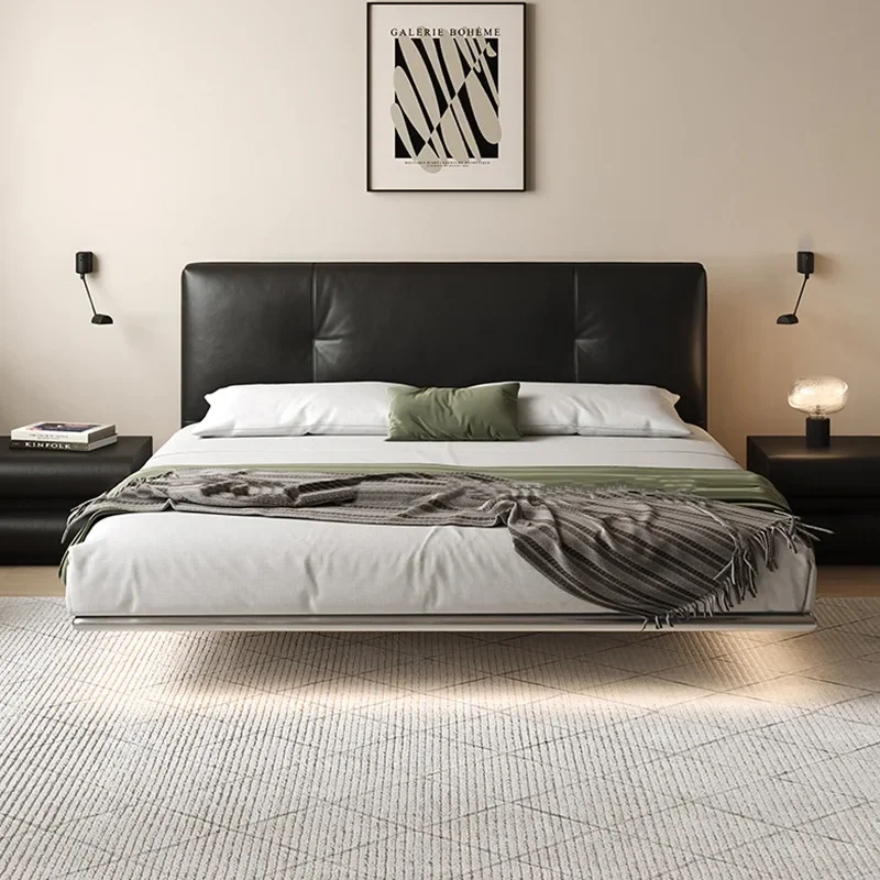 Italian leather bed, master bedroom minimalist suspension bed, stainless steel shelf bed