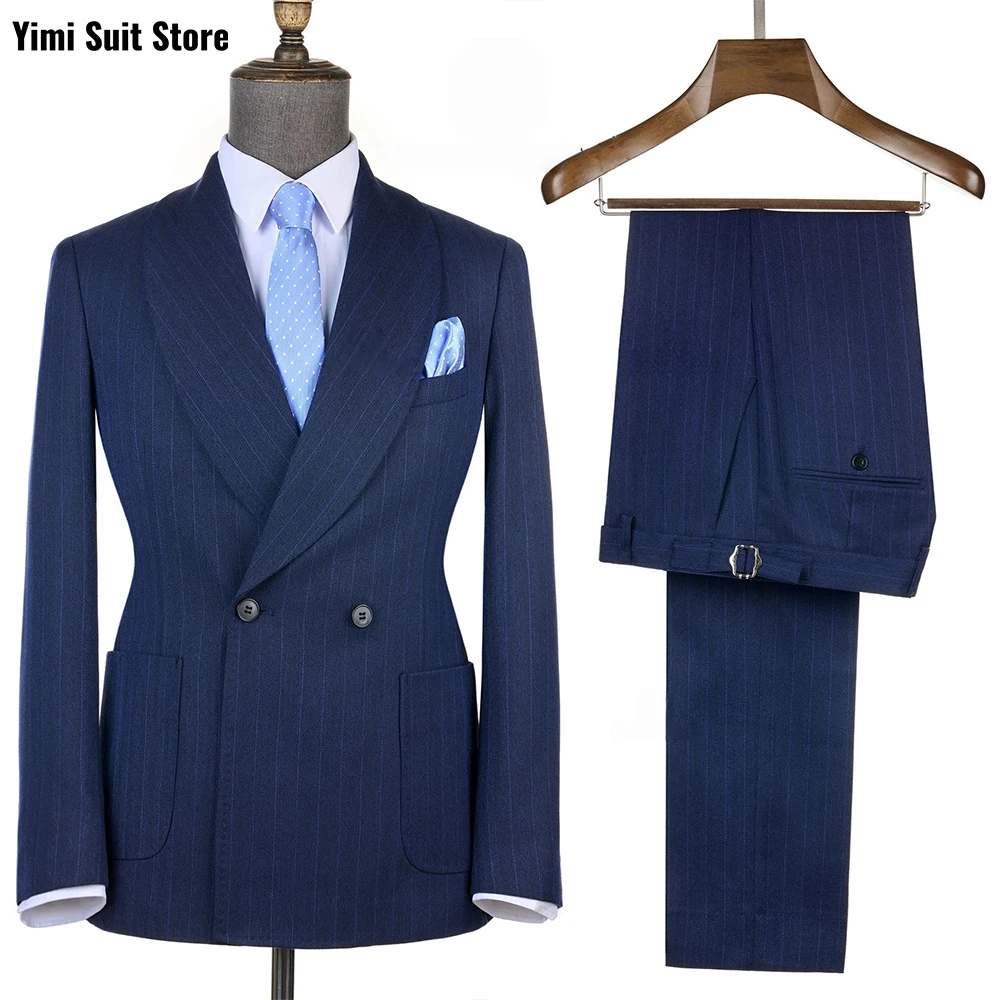

Navy Blue Pinstriped Men Suits Shawl Lapel Right Side Button Jacket Pants 2 Pcs Slim Fit Grooms man Wedding Jacket+Pants