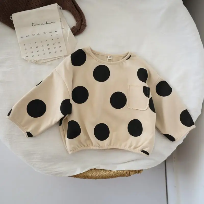 OLEKID Ins Baby Kinder Polka Dot Waffel Langarm-T-Shirt Lässige Oberteile für Kinder Herbstkleidung Mädchen Jungen Hemd – Detail 2