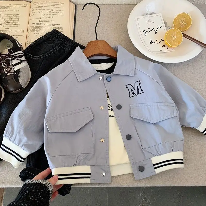 Korean Nspired Kids' Embroidered Letter Collared Baseball Jacket Stylish Unisex Spring Autumn Coat for Boys Outerwear