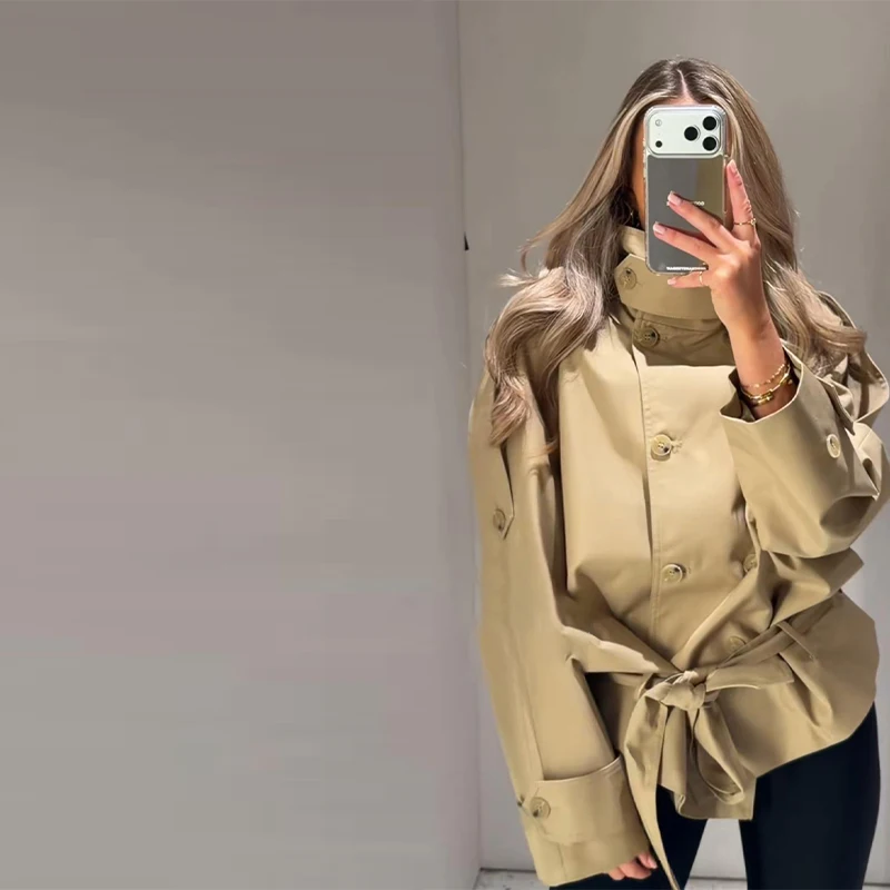 Modischer Stehkragen-Damen-Windbreaker Einfarbiger Doppelreihiger Schnür-Mantel mit Langen Ärmeln Damen-Oberbekleidung 2026 Herbst Neue Kollektion – Detail 8