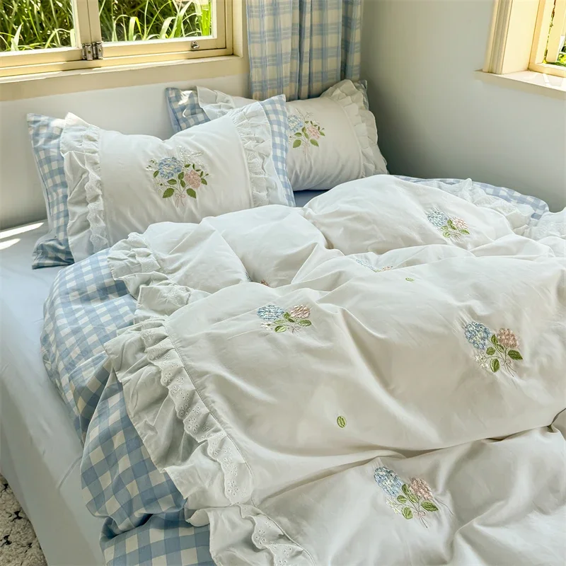 Korean Princess Style Double Layer Lace Flower Embroidery 100% Cotton Bedding Set Plaid Style Duvet Covers Bed Sheet Pillowcases