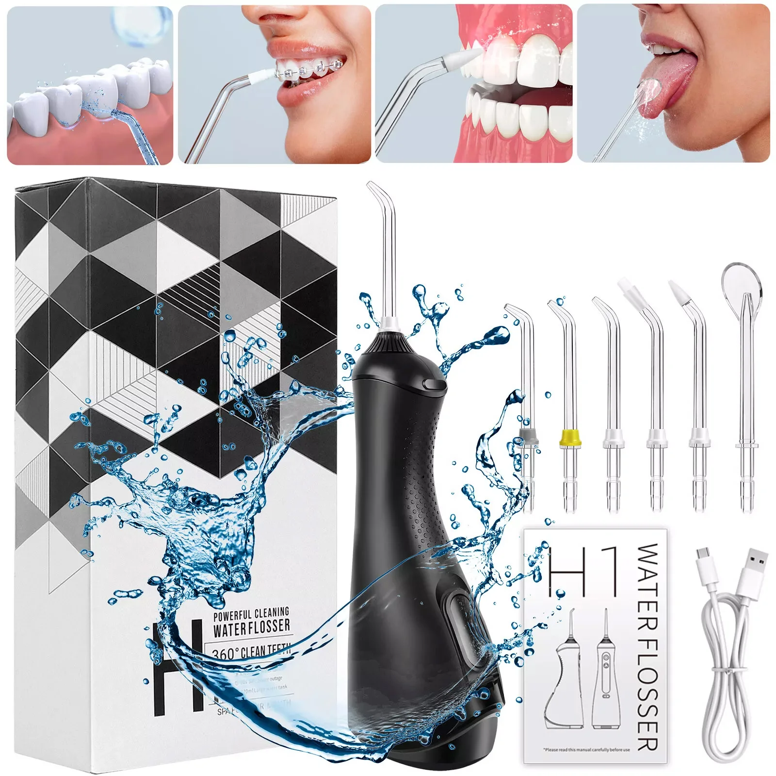 VickyHome-irrigador bucal inalámbrico de agua Dental, irrigador bucal de 320ML, 6 boquillas de chorro, 3 modos de escalador, hilo Dental portátil recargable para viajes