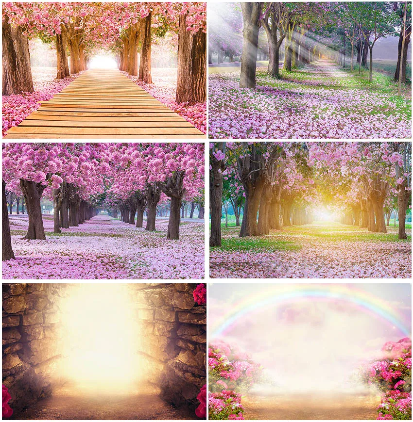 

Photography Backdrops Spring Theme Pink Flowers Path Sunshine Rainbow Countryside Walk Backgrounds Studio Banner Wedding Decor