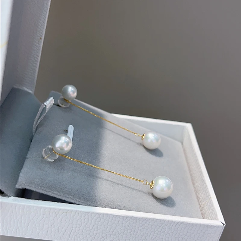 KU227-Boucles d'oreilles en perles d'eau douce naturelles pour femmes, or jaune 18 carats, boucles d'oreilles pendantes, perle, style élégant, conception pivotante, bijoux de fête