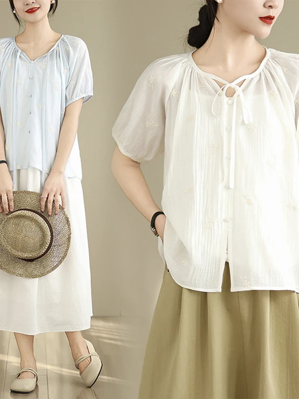 

Ele Japanese Sle ort Sve irt Женский свободный универсальный цвет Простой дизайн Вышивка Топ на пуговицах Повседневная одежда