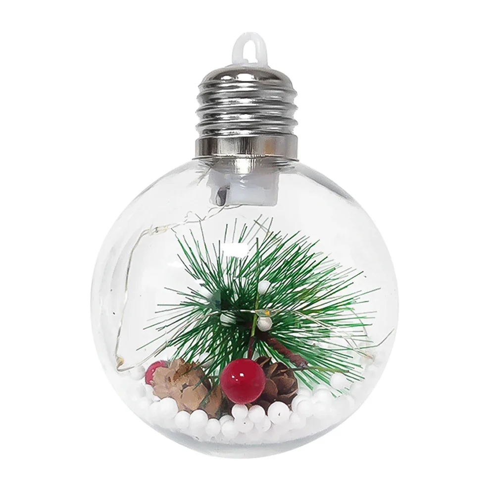 Christmas Round Ball Pendant com Luzes, Bauble Plástico Transparente, Xmas Tree Hanging Ornament, Decoração de Ano Novo, 11x8cm, 1Pc
