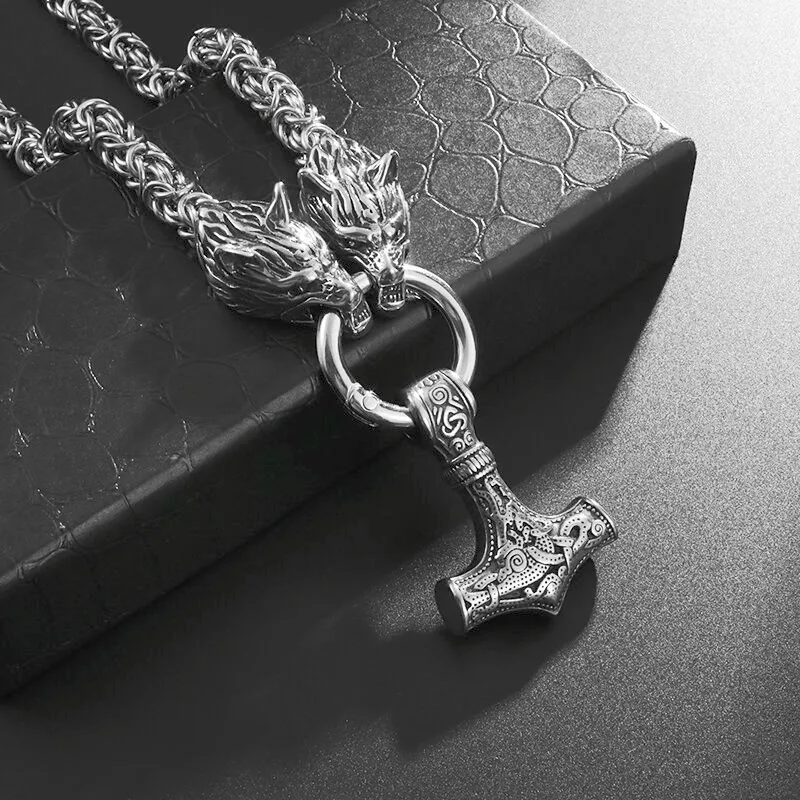 High Quality Vintage Nordic  Necklace Double Wolf Head Thor\'s Hammer Pendant Necklace Men Stainless Steel Jewelry Gift