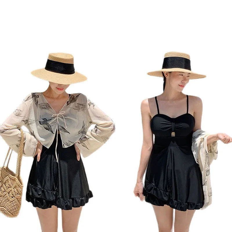 2026 Hot Girl 2-Piece Swimsuit Set Women's Modest Tummy Control Slimming One-Piece with Sun Protective Halter Cover-Up