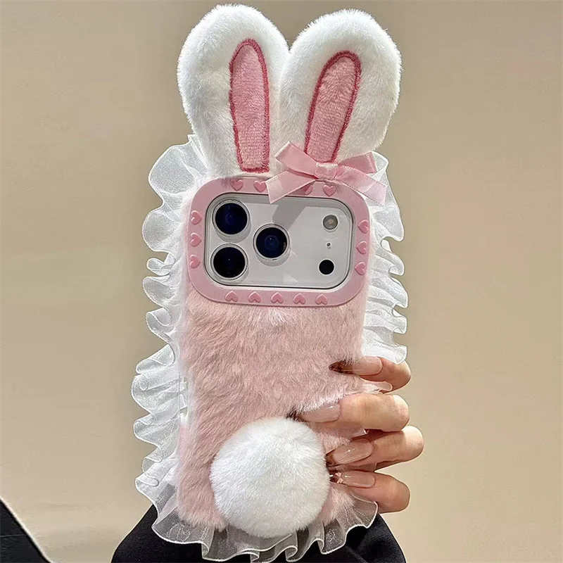 

Pink Fluffy Fuzzy Plush 3D Fur Case For iPhone 17 pro max Lovely rabbit Soft cases for iphone 16 15 13 14 Pro Max Girl gifts