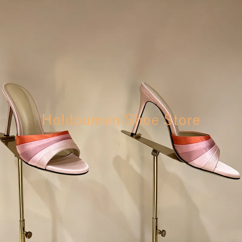

Women's Gradient Satin Stiletto Mules Peep Toe Slides Multicolor Gradient Folded Edge Band Summer Wedding Occasion Slip On Mules