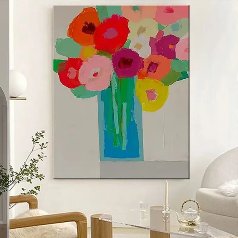 

Pure hand-painted colorful flower dining room decoration painting, abstract living room background wall