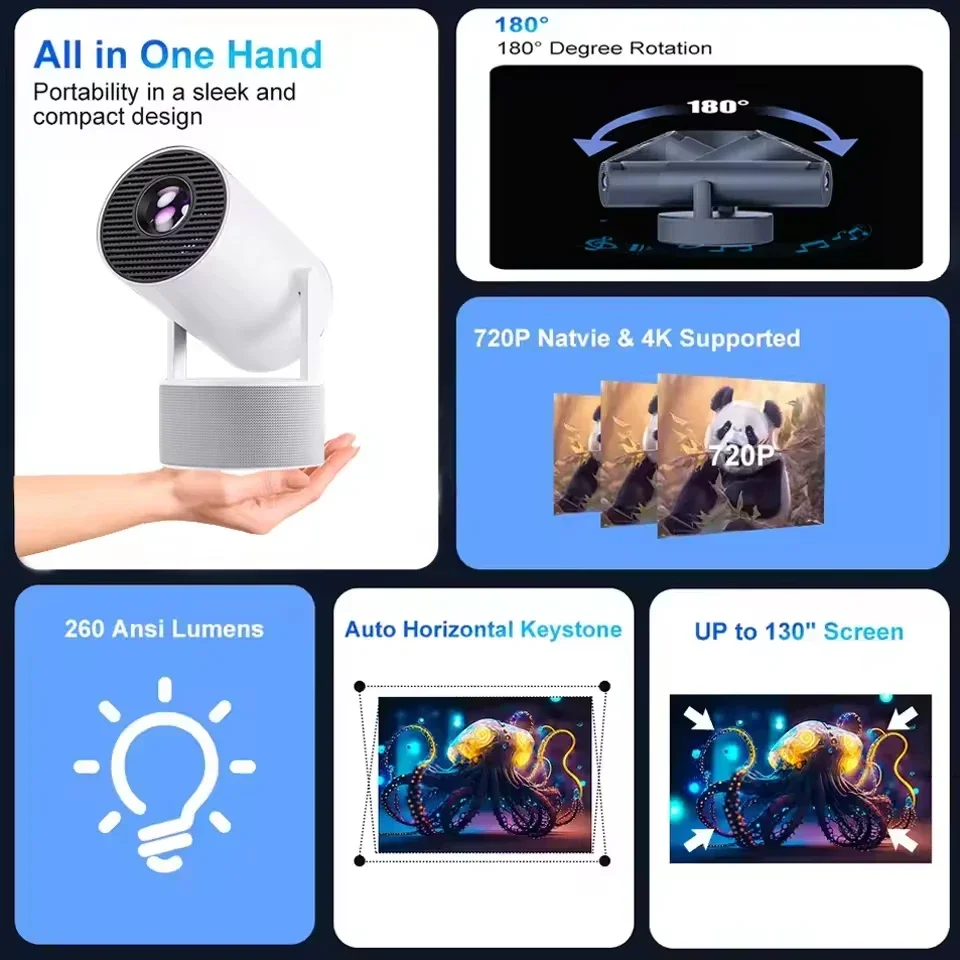 HT5 Pro Mini Newly Native 720P Android11 4K Projector 300ANSI Wifi6 BT5.0 Cinema Outdoor Portable 180° Rotable Projector