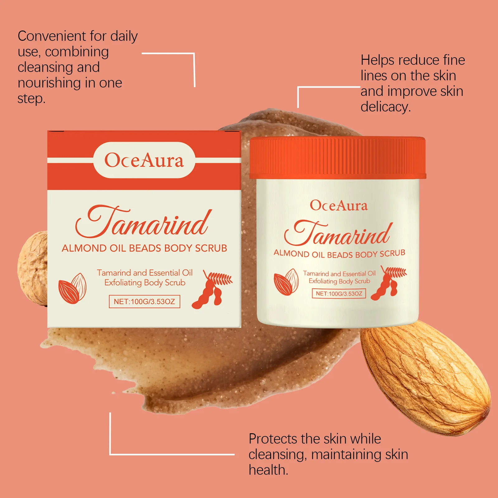 

OCEARURA Almond Body Scrub Shrink Pores Clean Dirt Exfoliate Improve Roughness Brightening Skin Soft Compact Skin Massage Scrub
