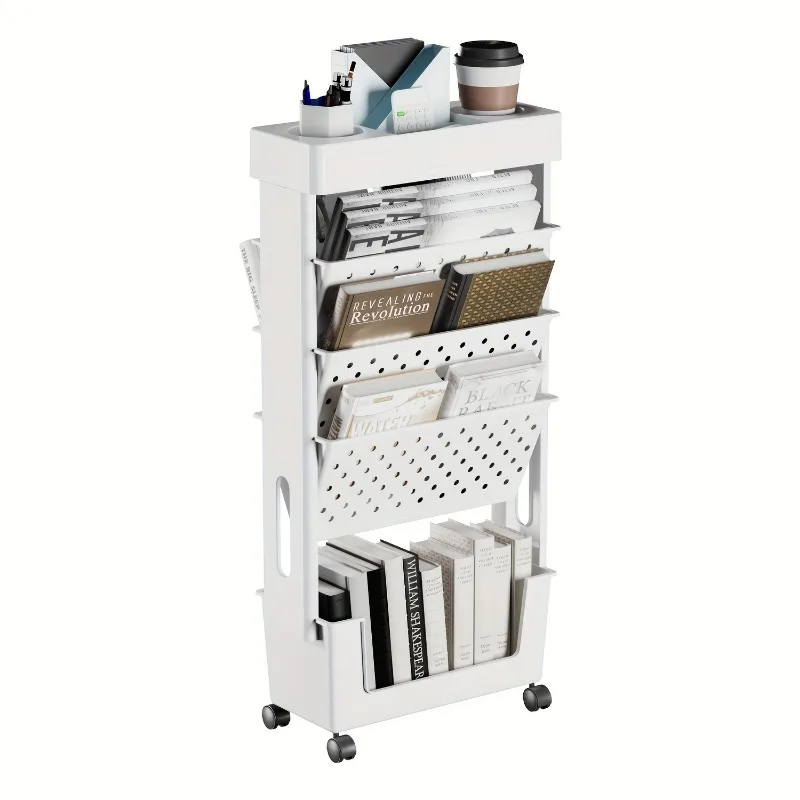 5 Layers Rotatable Storage Organizers Rack Household Cart with Wheels Mobile Rack Trolley Bookshelf Portable Book Cart