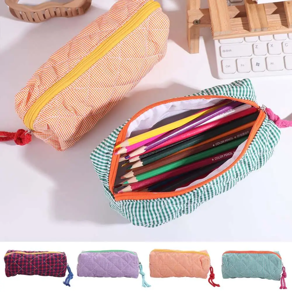 

Stationery Organizer Cloth Stationery Bag Contrasting Grid Color Jewelry Storage Pencil Case Portable Large Capacity