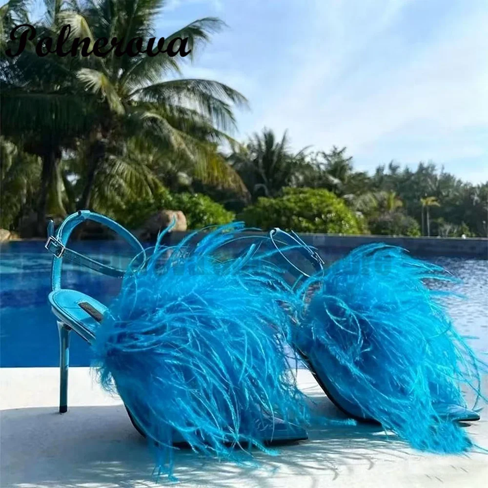 

Blue/black/green Feather Sandals Ankle Strap Buckle High Heels Woman Shoes Elegant Party Shoes Sandalias De Mujer Verano