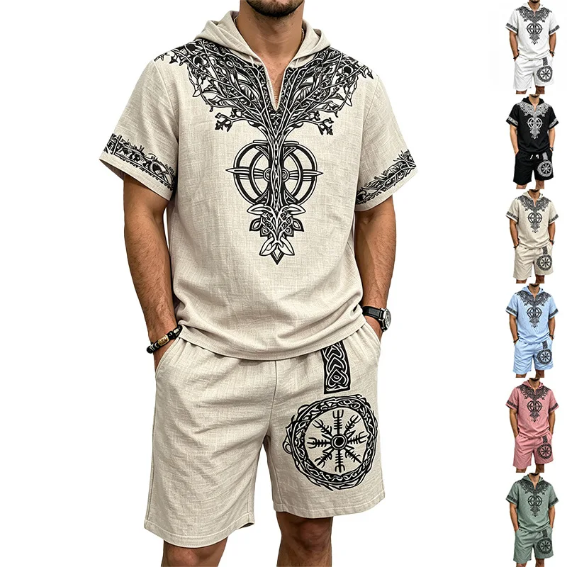 Men Linen Look Viking Tree Print Half Zip Hooded Short Sleeve Top Drawstring Shorts 2 Piece Summer Suit