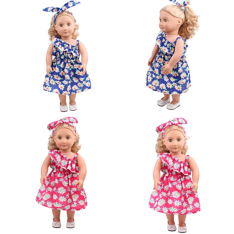 18 Inch Doll Girl Vacation Dress with Slanted Shoulder Suspender Dress and Headband, Waist Cinching Design, Doll Accessories