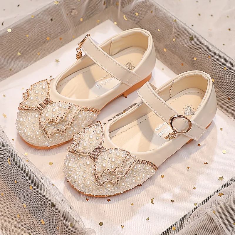 Girl\'s Leather Shoes Bow Shiny Rhinestone Pearl Princess Shoes Spring Autumn Fashion Sequin Children\'s Flat Single Shoes H538