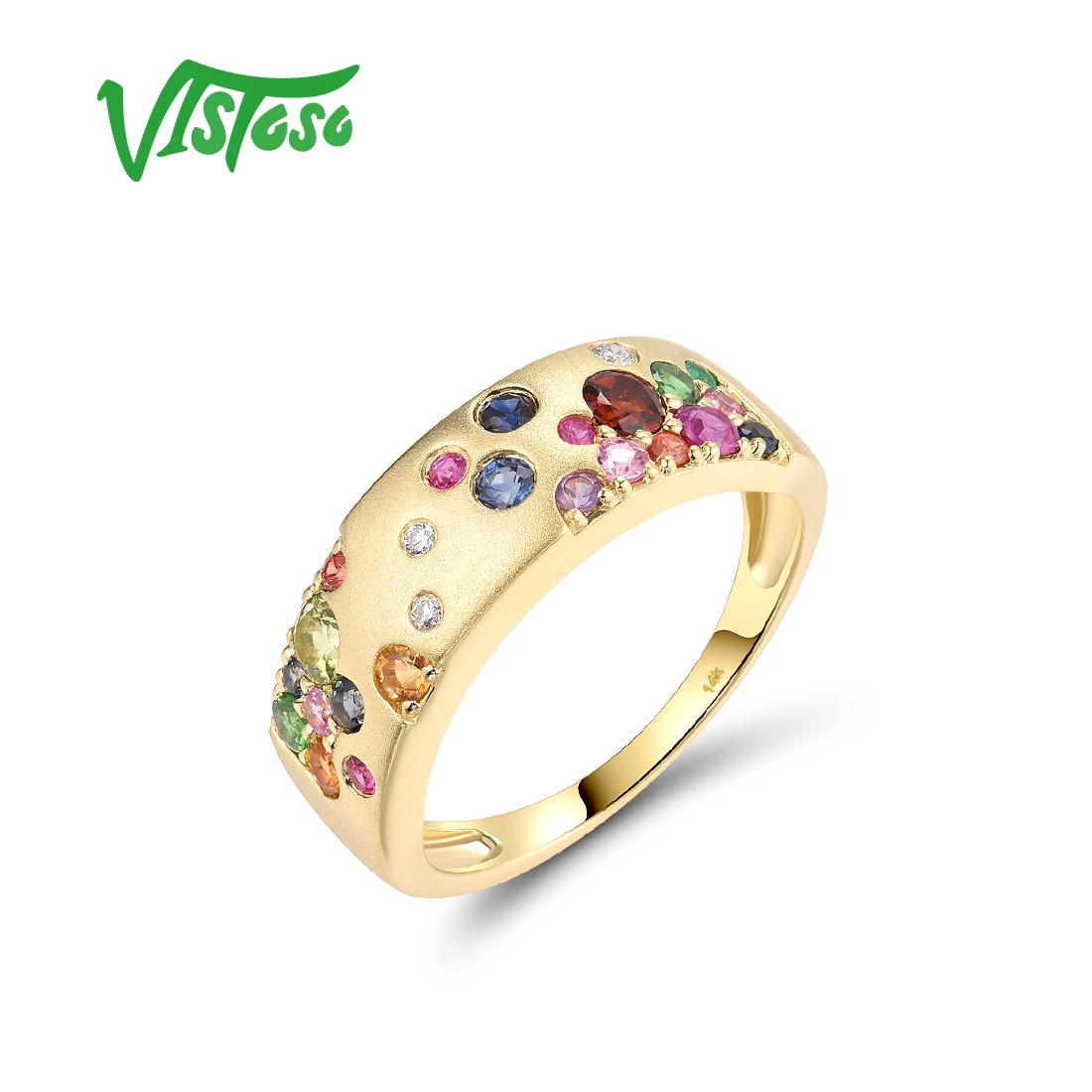 Vistoso Authentic 14K 585 Yellow Gold Ring For Women Sparkling Diamonds Multi Colorful Gems Trendy Party Wedding Fine Jewelry