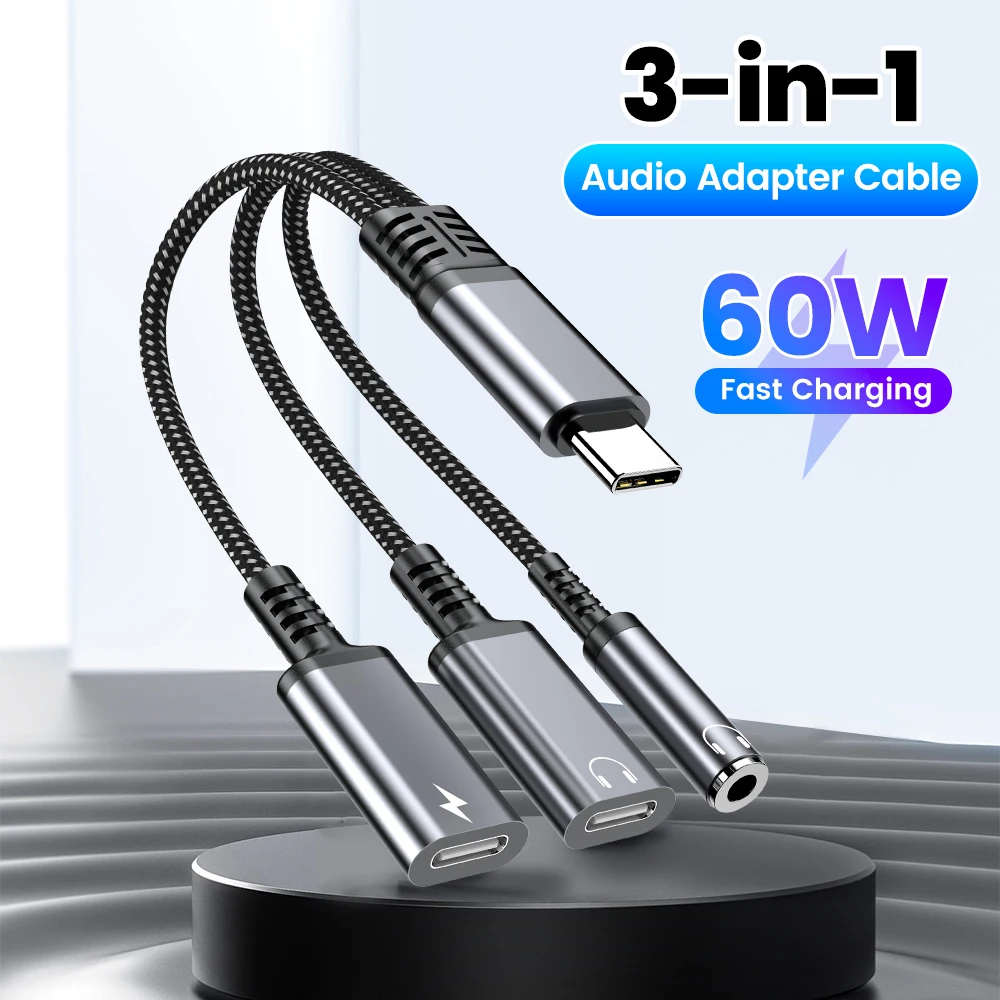Type C Audio Adapter Cable 3in1 60W Fast Charging For iphone 15 16 Samsung Type C To Dual Type C/ 3.5mm Jack Earphone Splitter