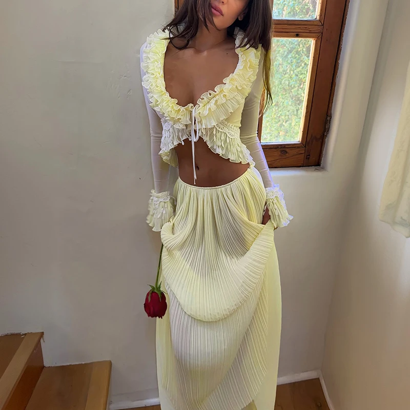 Lady Sexy See Through Solid Party Outfit Casual Ruffle Long Sleeve Autumn Suit Elegant V-neck Tie Up Short Top & Long Skirts Set