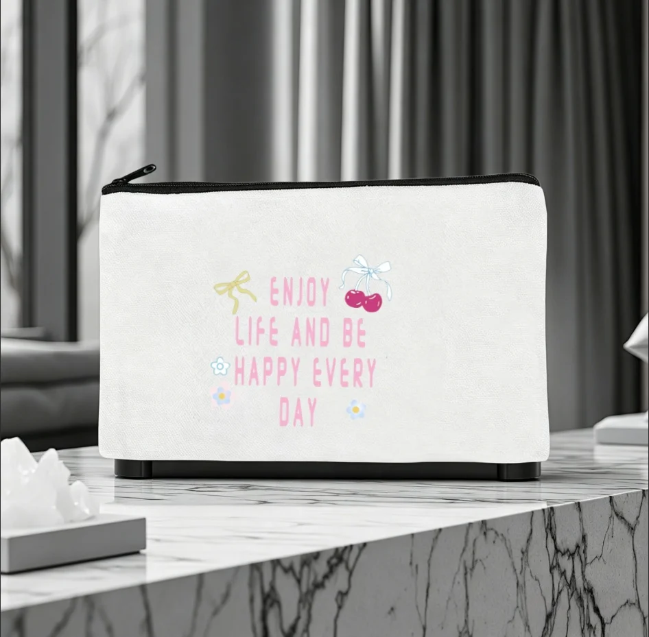 1PC Enjoy Life And Be Happy Every Day Cherry Bow Canvas Zipper Pouch Coquette Print Makeup Storage Bag