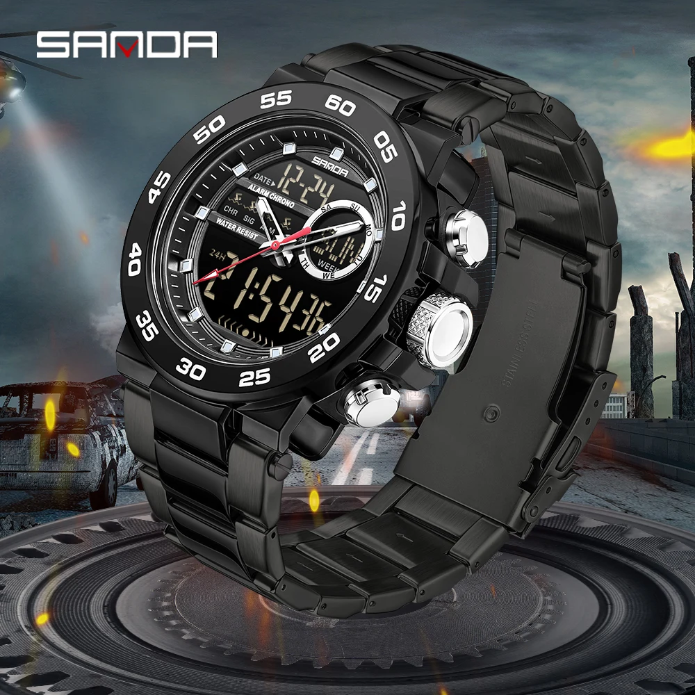 

SANDA New 6296 Модные мужские электронные часы Спортивные многофункциональные водонепроницаемые мужские электронные часы с большим циферблатом и тремя булавками
