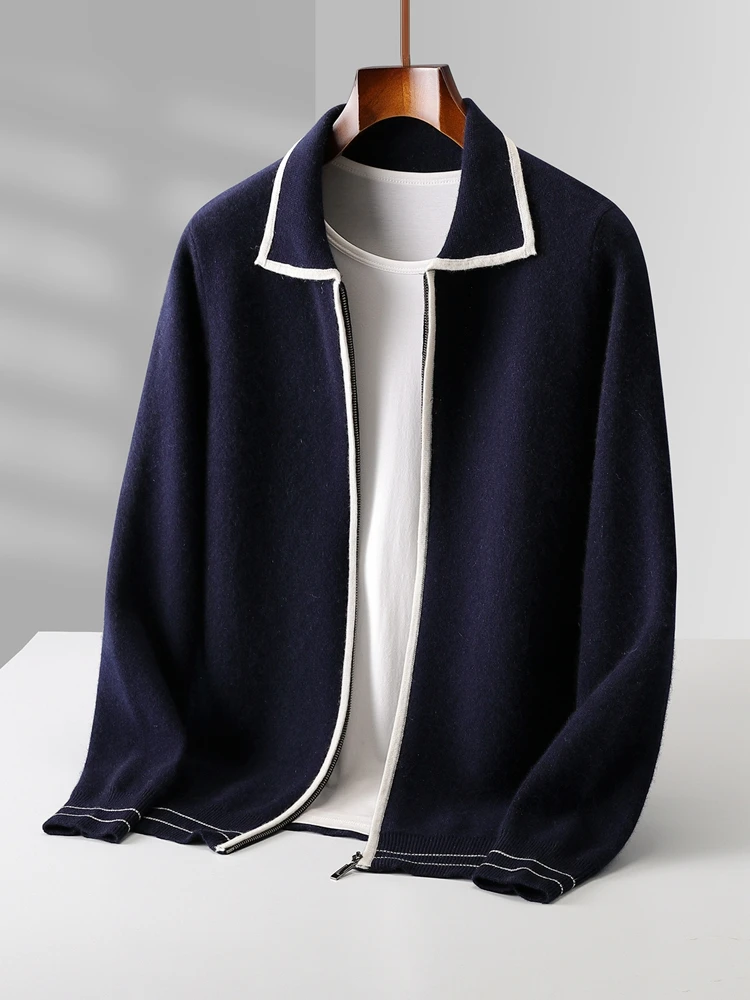 Sweter Pria Kerah Polo Mantel 100% Wol Merino Cardigan Pakaian Musim Gugur Musim Dingin Sweter Rajut Korea Tebal Resleting Terbuka Jaket Jahitan