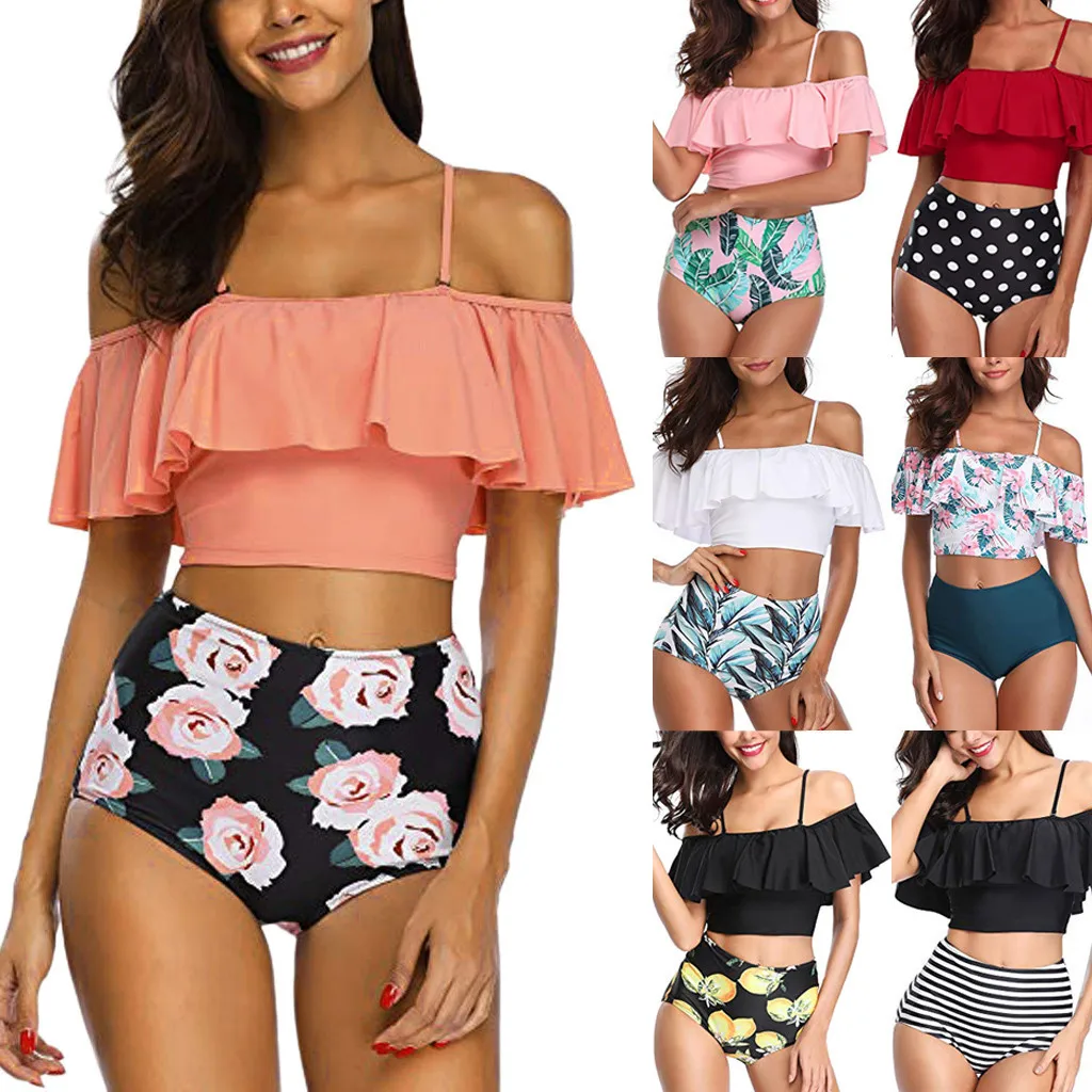 Women Two Pieces Bathing Suits Top Ruffled With High Waisted Bottom Bikini Set Vintage Swimsuit For Women