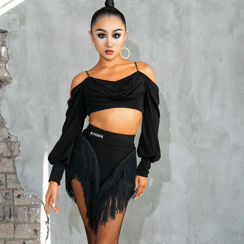 

Long Sleeved Top Tassel Skirts Suit Latin Dance Competition Clothing For Women Chacha Rumba Tango Dress Latin Costumes DQS15124