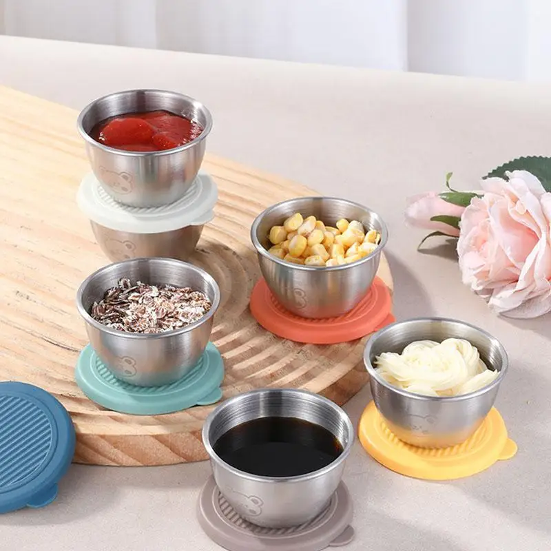 Contenitore per condimenti per insalata da 1/6 pezzi con coperchi in silicone riutilizzabili a tenuta stagna per tazza in acciaio inossidabile da 80 ml per scatola da pranzo e cucina da picnic