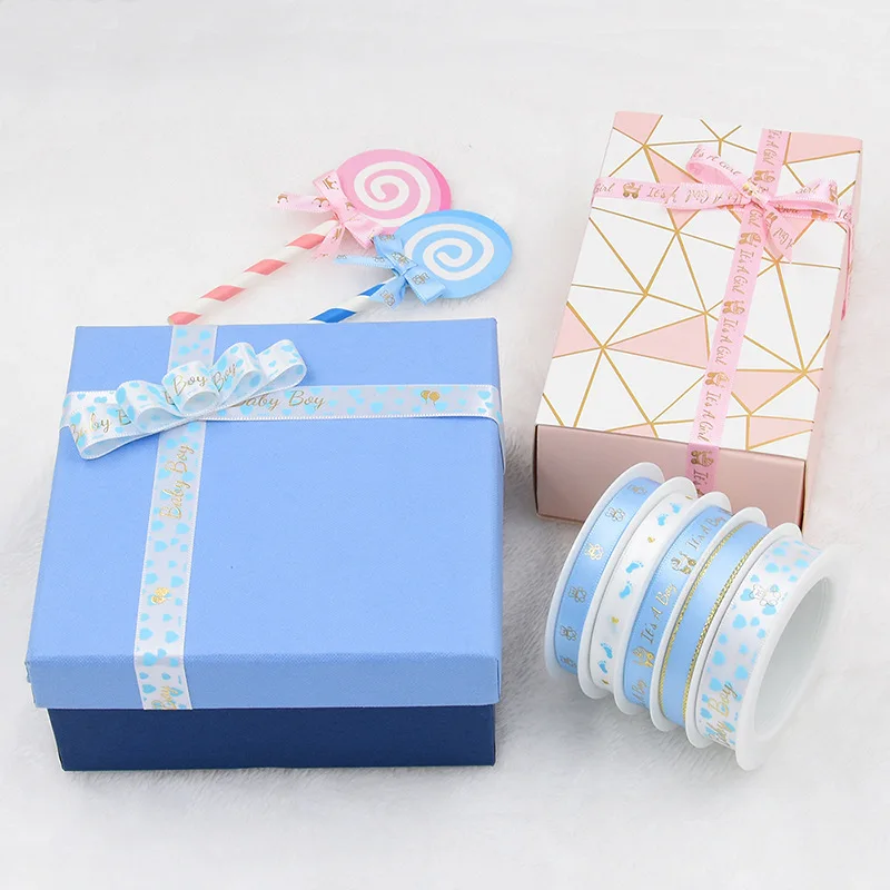 1/1.5cm Satin ribbon Blue baby boy ribbons cute bear it\'s a boy Metal gold print baby shower kid first birthday DIY Party favor