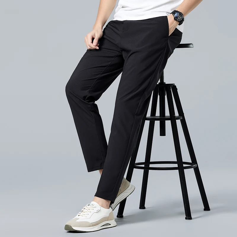 Men's Summer Slim-fit Stretch Slacks Outdoor Windproof Solid Color Ice Silk Slacks Men's Simple Elasticated Waist Slacks