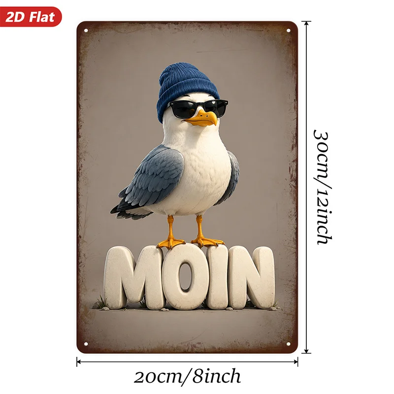 2D Flat, 1pc Metal Sign Wall Art, Seagull with Hat And Sunglasses Decorative Painting, 