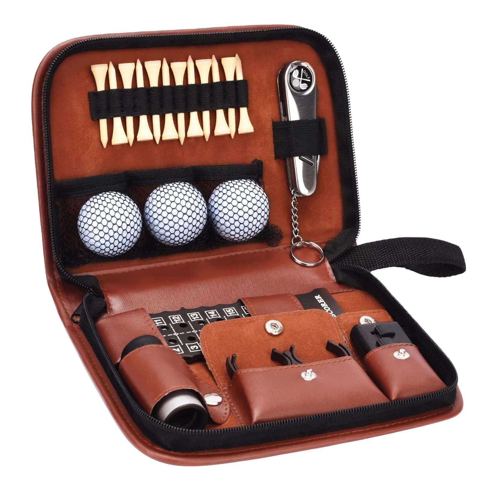 

Golf Accessories set Pouch Golf Gifts Set for Men and Women Golf Club Gadgets Kits Case with Balls Scorer Rangefinder Divot tool