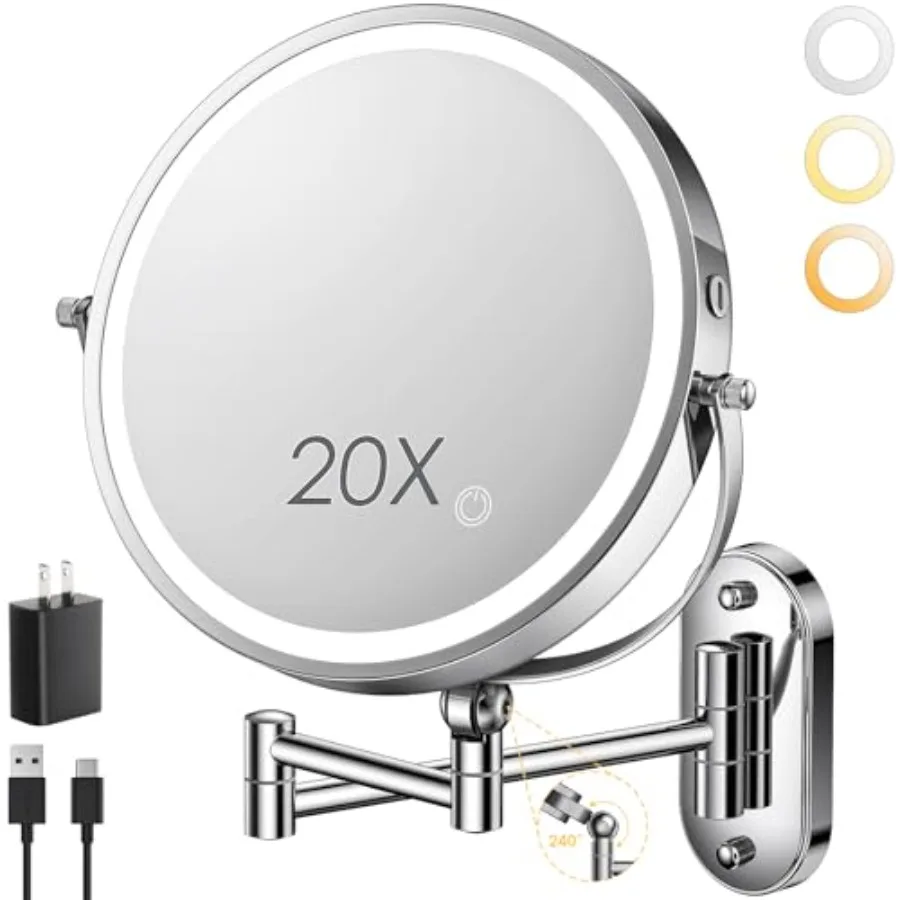 

9-дюймовое настенное зеркало для макияжа с подсветкой, перезаряжаемое, 4000 мАч, двустороннее, с увеличением 1X/20X, с сенсорным диммером и выдвижной подставкой