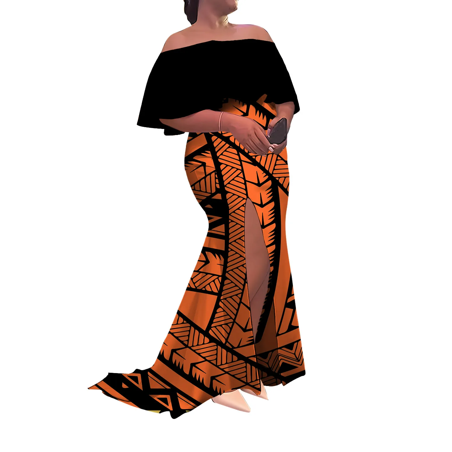 One-Shoulder Sleeveless Women'S Dress Long Skirt Floor-Length Tight Slit Fishtail Dress Polynesian Style Evening Dress