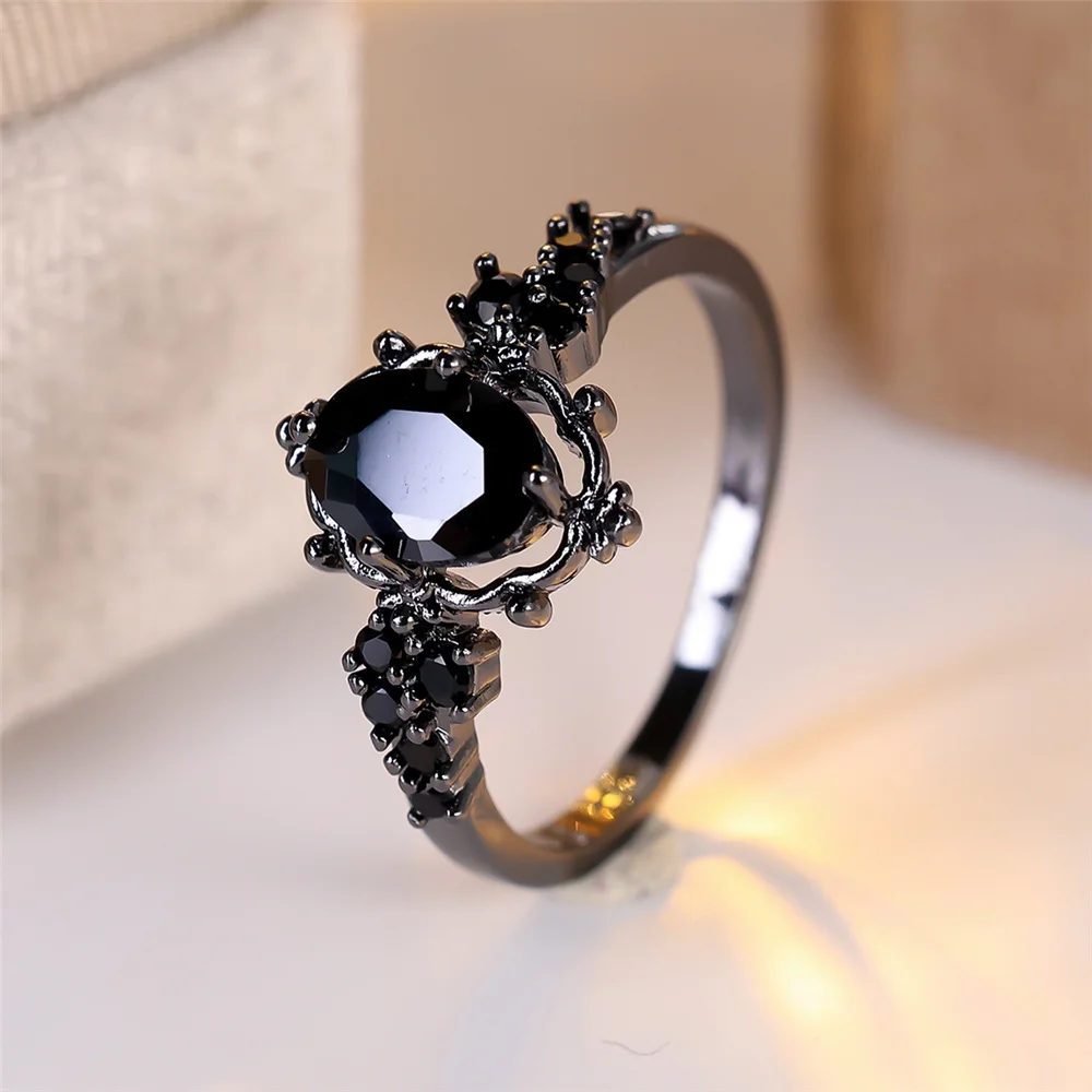 Luxury Female Balck Oval Zircon Stone Wedding Jewelry Promise Love Engagement Rings For Women