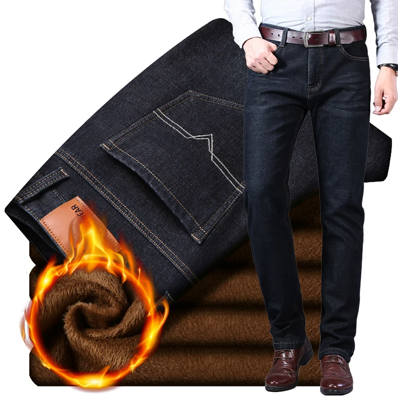 Pantalones vaqueros elásticos de terciopelo grueso para hombre, Jeans cálidos informales de lana, Color negro, moda de invierno,