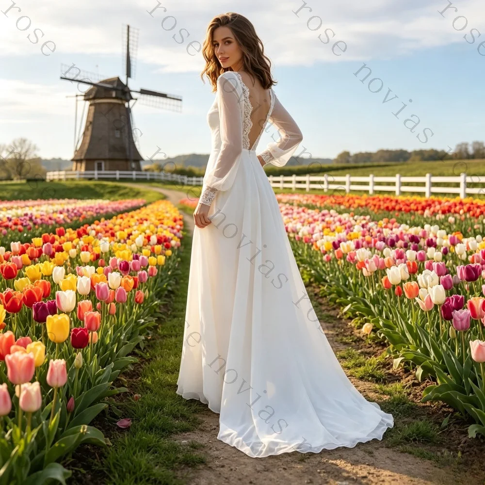 Customized Bohemian Chiffon Wedding Dresses 2026 New Long Sleeves Lace Cuffs A-line Beach Bridal Gown Elegant Princess Style