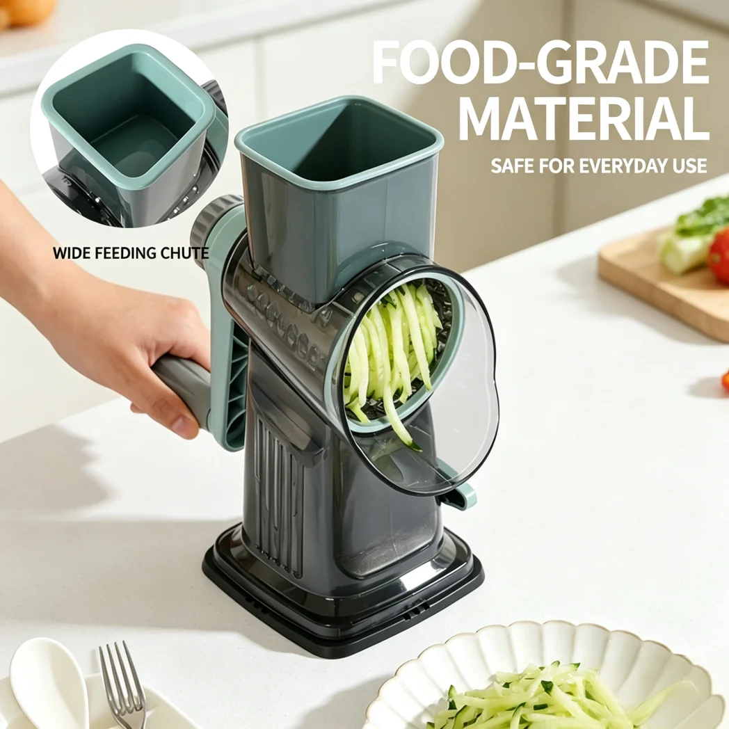 Hand-Crank Multi-Function Rotary Vegetable Slicer – Safe Kitchen Grater & Slicer with Interchangeable Blades for Potato, Carrot,