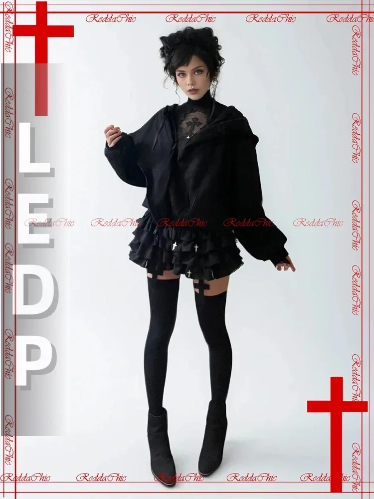 IMU Goth Cross Decor Black Bloomers Retro Elastic Waist Tiered Ruffle Cake Pumpkin Shorts Panties Lolita Women Bot
