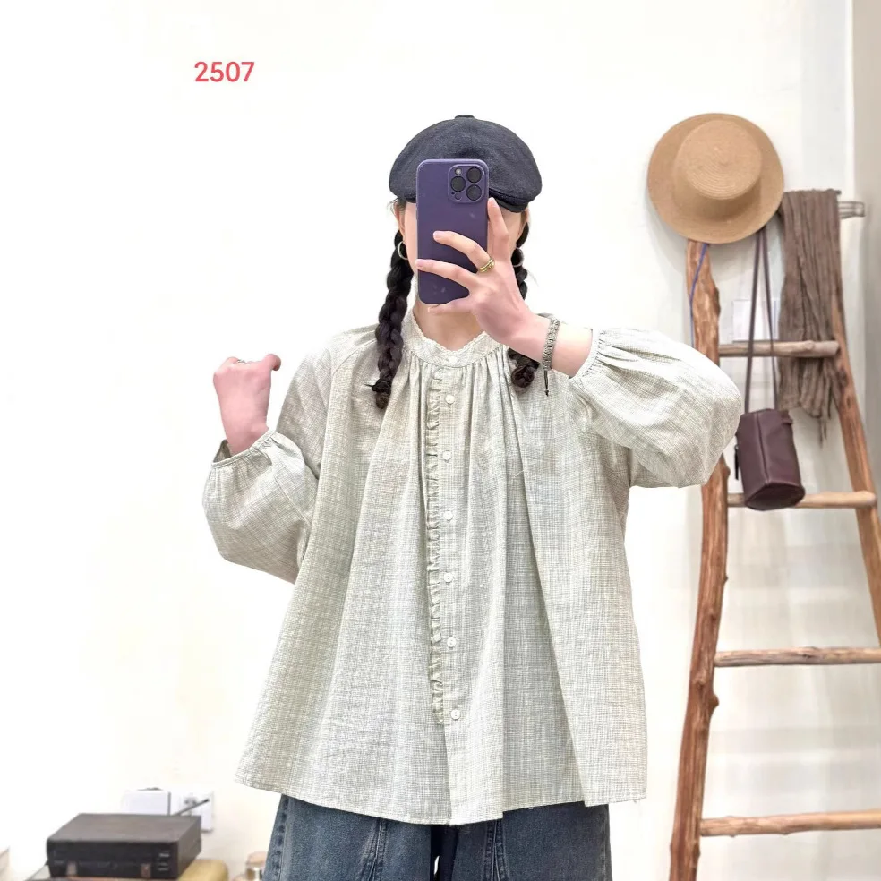 

Готовый запас] Высококачественная женская блузка из 100% хлопка, рубашка с грибками и оборками, кружевной воротник-стойка, весенняя одежда, свободные узкие блузки