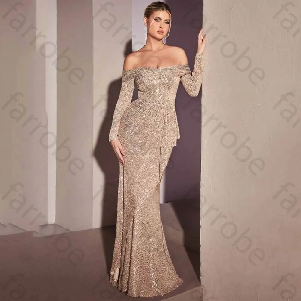 

Customized Vestidos De Fiesta Shining Off The Shoulder Prom Dress Sequin Mermaid Evening Gowns Long Sleeves Party Club Formal